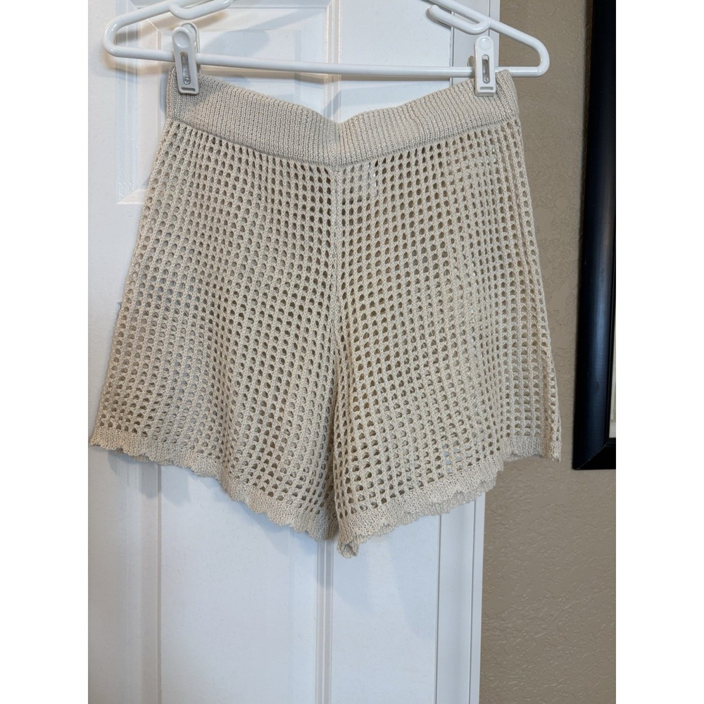 Cha Cha Open Knit Crochet Pull On High Rise Shorts, Beige, Medium, Boho‎ Beach